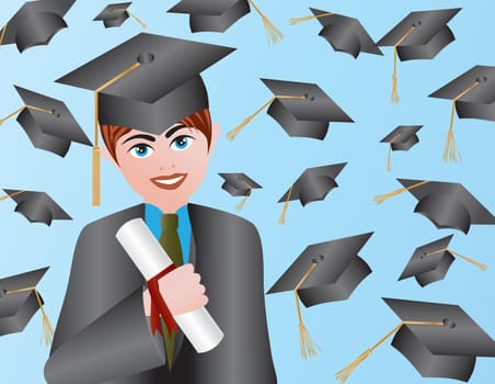 Male with Graduation Gown Cap and Diploma Illustration