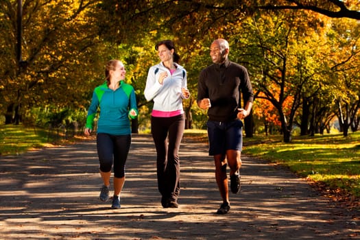 Three people jogging in the park on a beautiful fall day