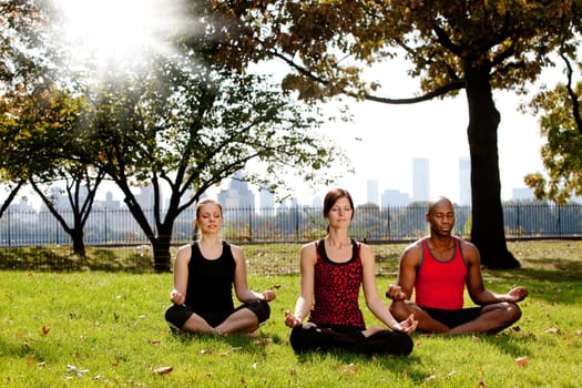 A group of people meditation in a city park