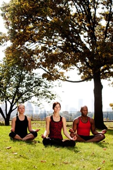 A group of people meditation in a city park