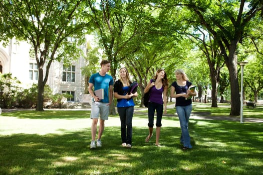 Students walking through campus visiting