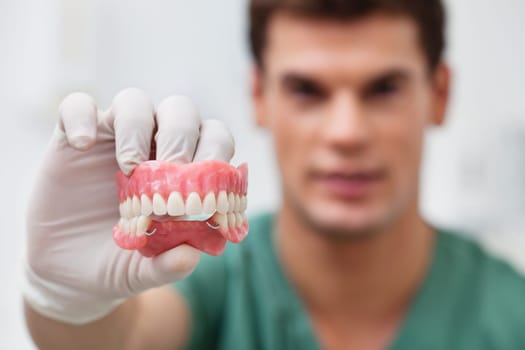 Close-up of male practitioner holding dental mold