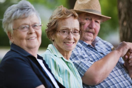 Portrait of senior friends sitting together in park
