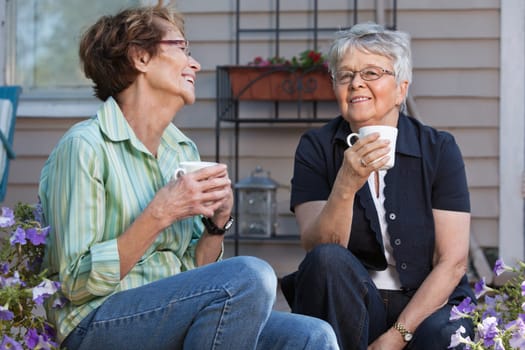 Senior female friends enjoying cup of tea