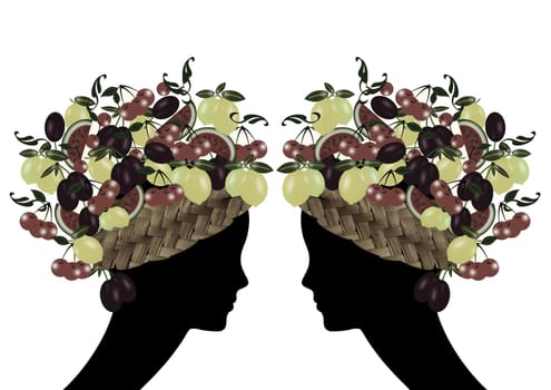 women profile with hair of fruit and leafs