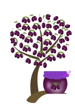 tree of plums with the fruit and jar of jam