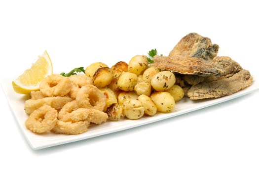 a dish with different fish fried and potate