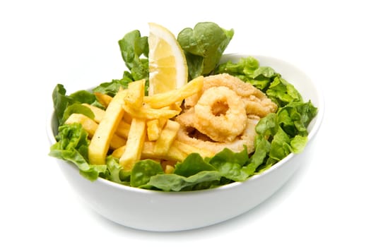 a dish with calamari fried and potatoes