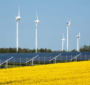 Wind turbines and solar panels in a rapeseed field