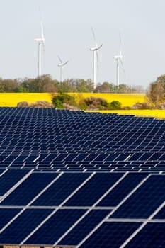 Wind turbines and solar panels in a rapeseed field