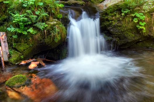 Shot of the fall of water- detail. River valley of stream Bila Opava - natural area - nature preserve. Mountainous district Jesenik, Czech republic, Europe.