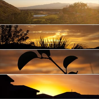 collage of four different sunsets including, golf, silhouettes, and homes
