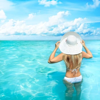 Rear view of woman at Maya bay. Thailand