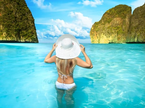 Rear view of woman at Maya bay. Thailand
