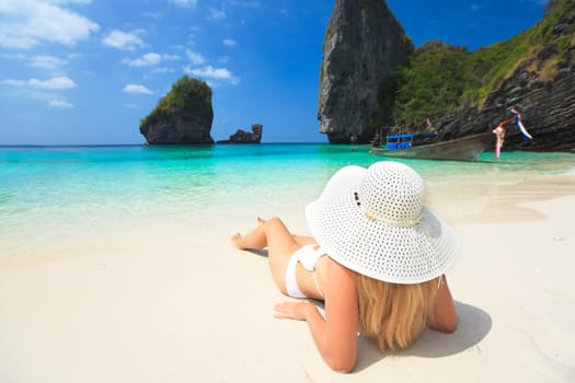 Beautiful woman on the beach. Phi phi island. Thailand