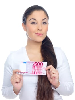 Portrait of a nice looking woman holding 500 euro banknote