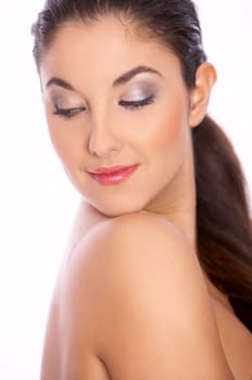 Young beautiful brunette woman, she isolated white