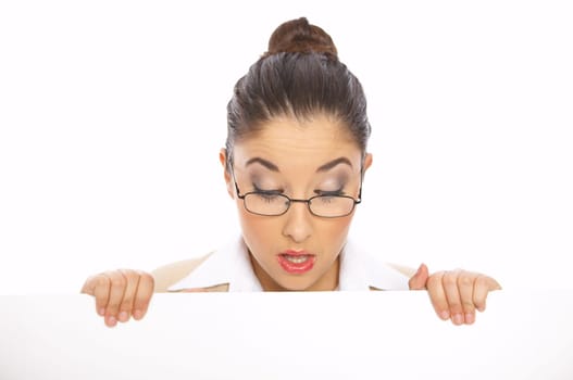 Business woman looking at empty white board
