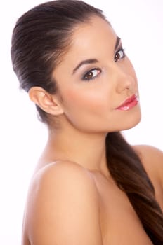 Smiling young brunette beautiful woman, she isolated white