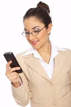 Business woman is writing message on phone, isolated