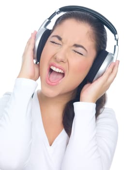 Woman singing loudly and listen to the music