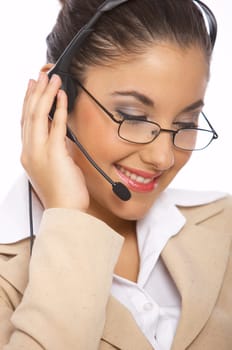 Business woman isolated on white using headset