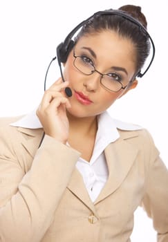 Business woman isolated on white using headset