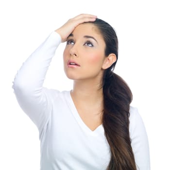 Portrait of a nice looking woman with head ache
