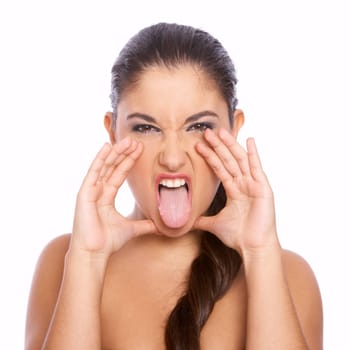Portrait of beautiful woman who puts tongue out