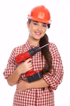 Female worker with drill in her hand, isolated