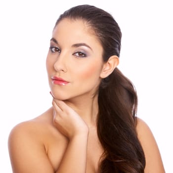 Portrait of beautiful woman on isolated white