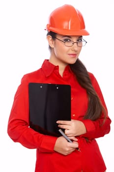 Female architect holding clipboard, isolated on white