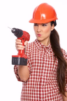 Female worker with drill in her hand, isolated