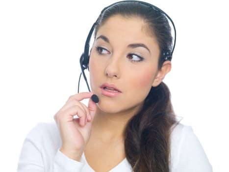Beautiful girl is using headset, isolated on white