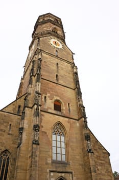 Tower in Gothic style  of Stiftskirche church in Stuttgart, Germany, destroyed by the bombing raids 1944, restored in the 1950s but not in all details