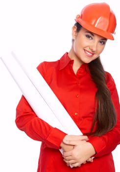 Female architect holding blueprints, isolated on white