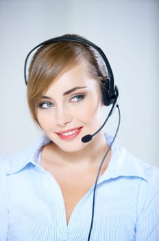 Portrait of beautiful business woman with headset