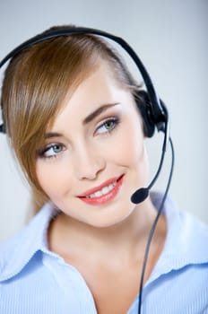 Portrait of beautiful business woman with headset