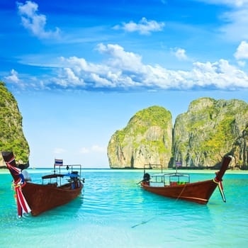 Traditional longtail boats at Maya bay. Thailand