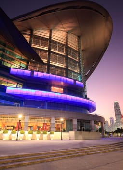 Convention and Exhibition Centre at sunset time. Hong Kong