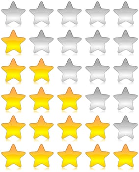 Yellow and white glossy stars icon set for rating and survey