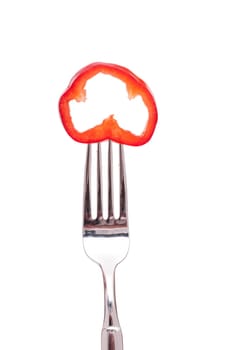 White isolated red bell pepper on a fork