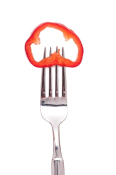 White isolated red bell pepper on a fork
