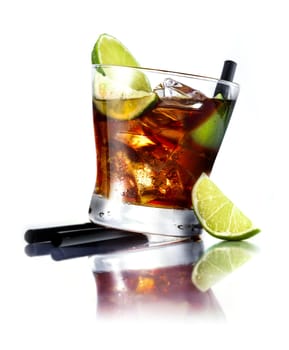 Cuba Libre Cocktail with rum and fresh lime isolated on white background, for drink concepts.