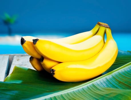 Bunch of ripe yellow bananas nestling on a banana frond under a blue tropical sky