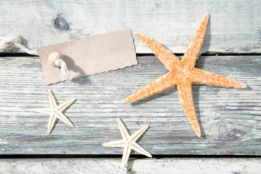 Nautical starfish background with three sea stars on weathered timber planks with a blank label for your text