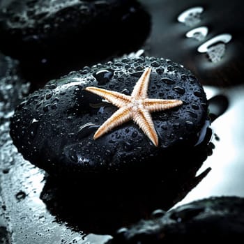 Black therapeutic spa massage stone glistening with water droplets with a small starfish