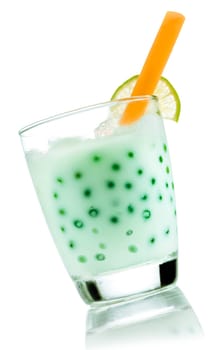 Boba bubble Tea with fresh lime Bubbles isolated on white with beautiful reflexion.