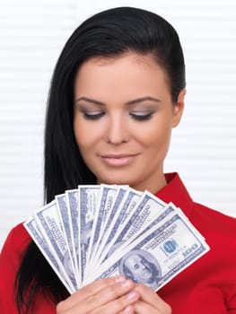 Beautiful business woman wearing red shirt on white