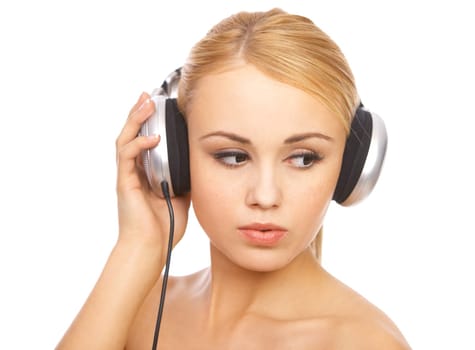Portrait of cute blond woman, she is listen music